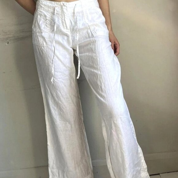 white lace up drawstring linen Boho chic wide leg trousers - Picture 2 of 4